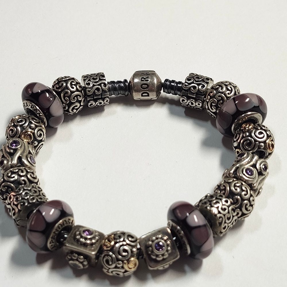 Pandora Slide Charm Bracelet With 19 Charms Purple Theme Sterling Silver 925 14k